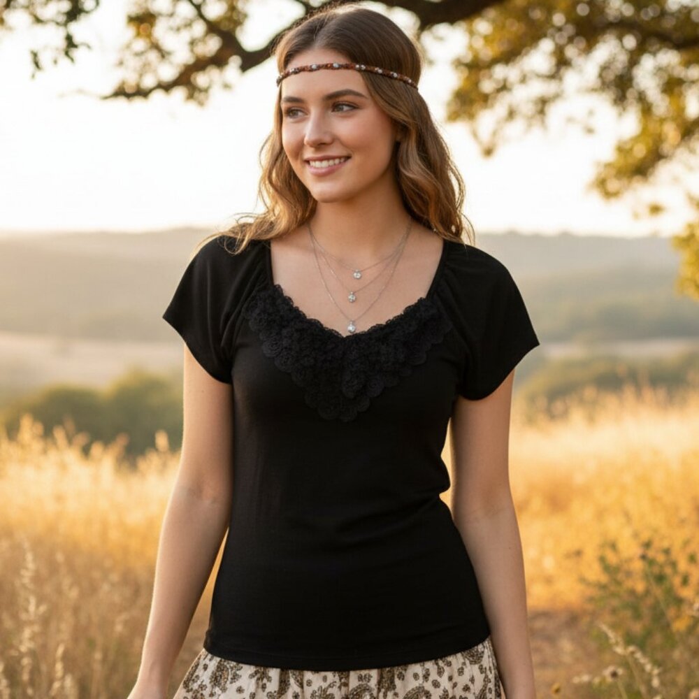 Brittany Black L M Top Black‎ Rosette V Neck Whimsigoth Boho Glam Coquette Y2K